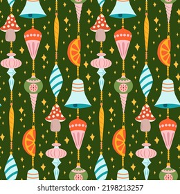 Christmas seamless pattern with balls, baubles, cones, bows and snowflakes on white background. Perfect for holiday invitations, winter greeting cards, wallpaper and gift paper