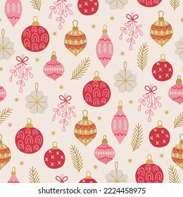 Christmas seamless pattern with balls, baubles, fir branches, snowflakes, mistletoe on white background. Perfect for winter greeting card, New Year decoration, wallpaper, fabric. Vector illustration