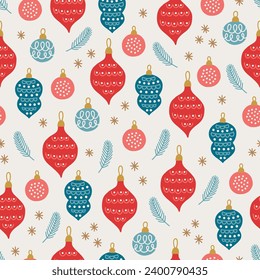 Christmas seamless pattern with balls, baubles, fir branches and snowflakes on white background. Perfect for wallpaper, gift paper, winter greeting cards. Vector illustration