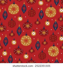 Christmas seamless pattern with balls, baubles and snow on red background. Perfect for wallpaper, gift paper, winter greeting cards. Vector illustration