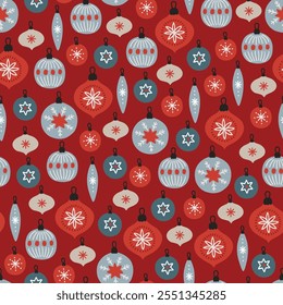 Christmas seamless pattern with balls, baubles, snowflakes on red background. Perfect for wallpaper, gift paper, winter greeting cards. Vector illustration