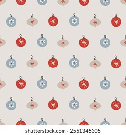 Christmas seamless pattern with balls and baubles on white background. Perfect for wallpaper, gift paper, winter greeting cards. Vector illustration