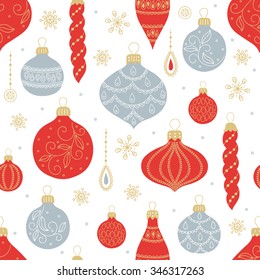 Christmas seamless pattern with balls, baubles and snowflakes. Perfect for wallpaper, wrapping paper, pattern fills, winter greetings, web page background, Christmas and New Year greeting cards