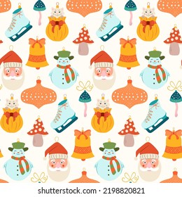 Navidad sin fisuras con bolas, campana de Navidad, Santa, taburete y patinaje sobre hielo. Ideal para invitaciones de vacaciones, tarjetas de felicitación de invierno, papel pintado y papel de regalo.
