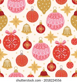 Christmas seamless pattern with balls, bells, stars and snowflakes on white background. Scandinavian style. Perfect for winter holidays, xmas wallpaper, wrapping paper, fabric. Vector illustration
