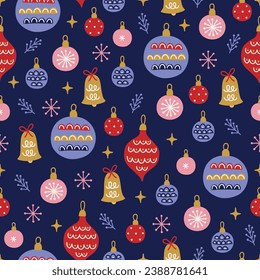 Christmas seamless pattern with balls, bells, fir branches, snowflakes, stars on dark background. Perfect for wallpaper, gift paper, winter greeting cards. Vector illustration