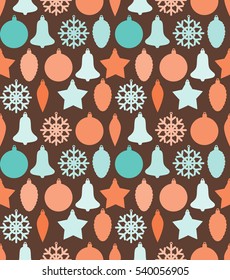 Christmas seamless pattern with balls, bells, stars, snowflakes