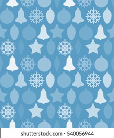 Christmas seamless pattern with balls, bells, stars, snowflakes