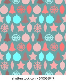 Christmas seamless pattern with balls, bells, stars, snowflakes
