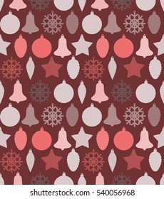 Christmas seamless pattern with balls, bells, stars, snowflakes