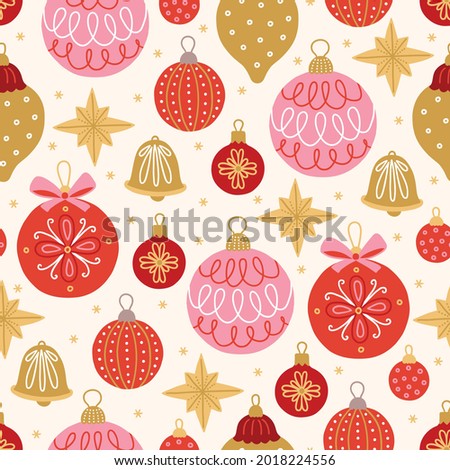 Christmas seamless pattern with balls, bells, stars and snowflakes on white background. Scandinavian style. Perfect for winter holidays, xmas wallpaper, wrapping paper, fabric. Vector illustration