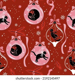 Christmas seamless pattern with Christmas balls and black cats. Vector graphics.