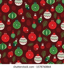 Christmas seamless pattern with balls, cones, acorns, fir branches on dark red background. Scandinavian style. Perfect for greeting cards, wallpaper, gift paper, winter decorations