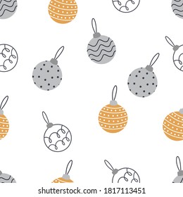Christmas seamless pattern with balls. Cozy winter illustration for fabric, wrapping paper, scrapbooking, textile, web, banner, poster and other christmas design. Flat style hygge winter pattern.