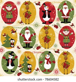 Christmas seamless pattern with balls , deer, Santa, elf, deer,bell, tree and present