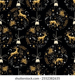 Christmas seamless pattern with balls, deers, herbs on black background. Gold colors. Perfect for holiday invitations, winter greeting cards, wallpaper.