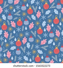 Christmas seamless pattern with balls, drops, snowflakes, stars, leaves on blue background. Perfect for greeting cards, wallpaper, gift paper, winter decorations