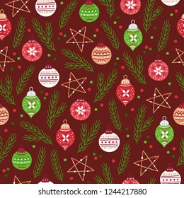 Christmas seamless pattern with balls, fir branches and scandinavian wooden stars on dark red background. Perfect for holiday invitations, wrapping paper, greeting cards.