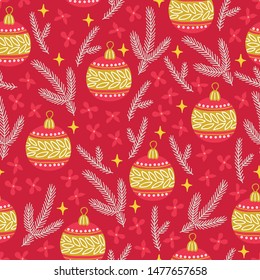 Christmas seamless pattern with balls, fir branches, flowers and stars on red background. Perfect for greeting cards, wallpaper, gift paper, winter decorations