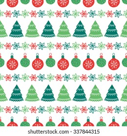 Christmas seamless pattern with balls, fir trees and flowers. Collection of holiday borders. Perfect for wallpaper, pattern fills, textile, gift paper, Christmas and New Year greetings cards.