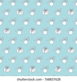 Christmas seamless pattern with balls and gifts.  Good for holiday decoration, background, textile, wrapping.