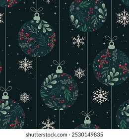 Christmas seamless pattern with balls, herbs and snowflakes on green background. Perfect for holiday invitations, winter greeting cards, wallpaper and other