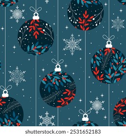 Christmas seamless pattern with balls, herbs and snowflakes on blue background. Perfect for holiday invitations, winter greeting cards, wallpaper and other