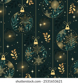 Christmas seamless pattern with balls, herbs and snowflakes on green background. Golden colors. Perfect for holiday invitations, winter greeting cards, wallpaper and other