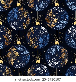Christmas seamless pattern with balls, herbs on blue background. Gold colors. Perfect for holiday invitations, winter greeting cards, wallpaper and other