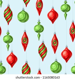 Christmas seamless pattern with balls. Holiday vintage decorations for tree. Greeting celebration background.
