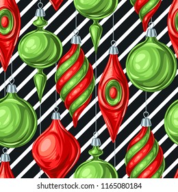 Christmas seamless pattern with balls. Holiday vintage decorations for tree. Greeting celebration background.
