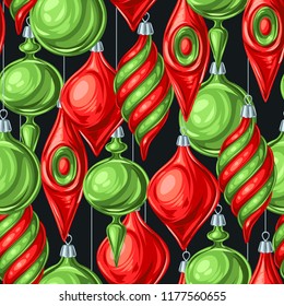 Christmas seamless pattern with balls. Holiday vintage decorations for tree. Greeting celebration background.