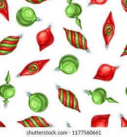 Christmas seamless pattern with balls. Holiday vintage decorations for tree. Greeting celebration background.