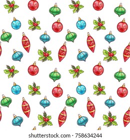Christmas seamless pattern with Christmas balls and holly. Vector illustration in sketch style.