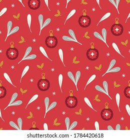 Christmas seamless pattern balls, leaves, snowflakes on red background. Perfect for winter holidays, New Year greetings, gift paper, wallpaper