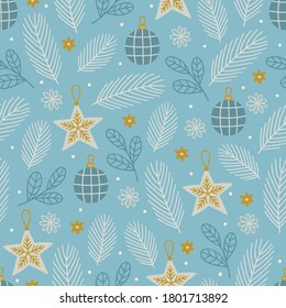 Christmas seamless pattern with balls, leaves, snowflakes, stars, fir branches on blue background. Perfect for winter holidays, gift paper, wallpaper, New Year greeting cards. Vector illustration 