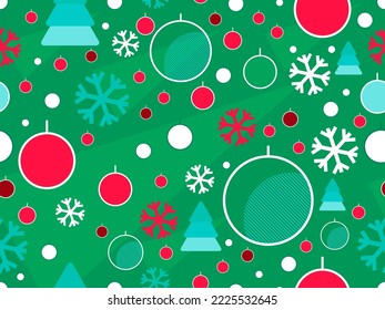 Christmas seamless pattern. Christmas balls in a linear style, snowflakes and geometric Christmas trees made of triangles in the 80s style. Vector illustration