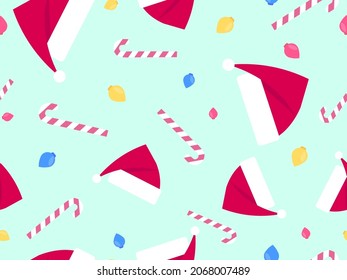 Navidad sin fisuras con bolas de Navidad, copas y sombrero de Papá Noel. Diseño festivo para tarjetas de felicitación, papel envolvente, carteles y afiches. Ilustración del vector