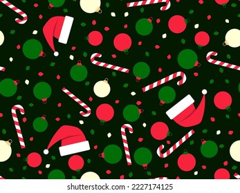 Christmas seamless pattern with Christmas balls, lollipops and Santa Claus hats. Merry Christmas. Xmas design in green and red colors for print, wrapping paper and posters. Vector illustration