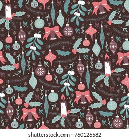 Christmas Seamless Pattern with Christmas Balls and Mistletoe. 