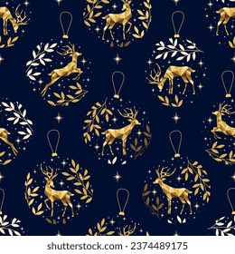 Christmas seamless pattern with  christmas balls on blue background. Gold deers and plants with stars. Background for wrapping paper, fabric print, greeting cards. Winter Holiday design.