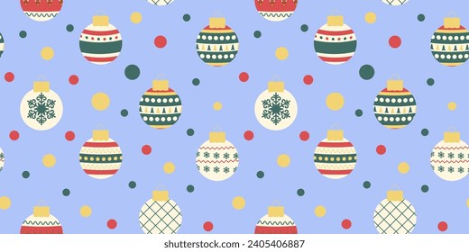 Christmas seamless pattern with balls on blue background. wallpaper for holiday invitations, winter greeting cards, wallpaper and gift paper. Vector. Happy New Year