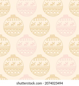 Christmas seamless pattern with Christmas balls in pastel colors. Christmas toys print in scandi style with elk or deer