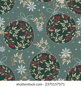 Christmas seamless pattern with christmas balls. Red berries and gold  plants. Background for wrapping paper, fabric print, greeting cards.