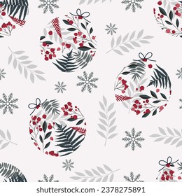 Christmas seamless pattern with christmas balls. Red berries and  plants. Background for wrapping paper, fabric print, greeting cards.