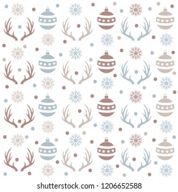 Christmas seamless pattern with  balls, reindeer horns and snow. Christmas background. Christmas wrapping. Flat design