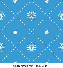 Christmas seamless pattern with Christmas balls and snowflakes on blue background. Vector illustration. For web design, wrapping paper, scrapbooking, for printing on textile, crockery, package.
