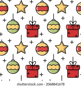 Christmas seamless pattern with balls, stars and gift boxes hanging. Outline icon vector for paper, wallpaper, fabric, interior design.