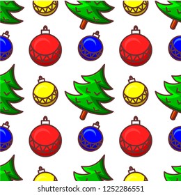 Christmas seamless pattern with balls, Christmas trees, gifts and mistletoe. Christmas background. Christmas wrapping. 