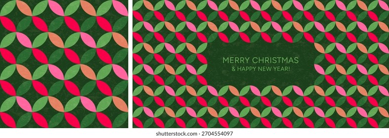Christmas seamless pattern and banner. Abstract geometric background with holiday greetings. Merry Christmas and Happy New Year card and seamless pattern with diamonds and circles, vector illustration
